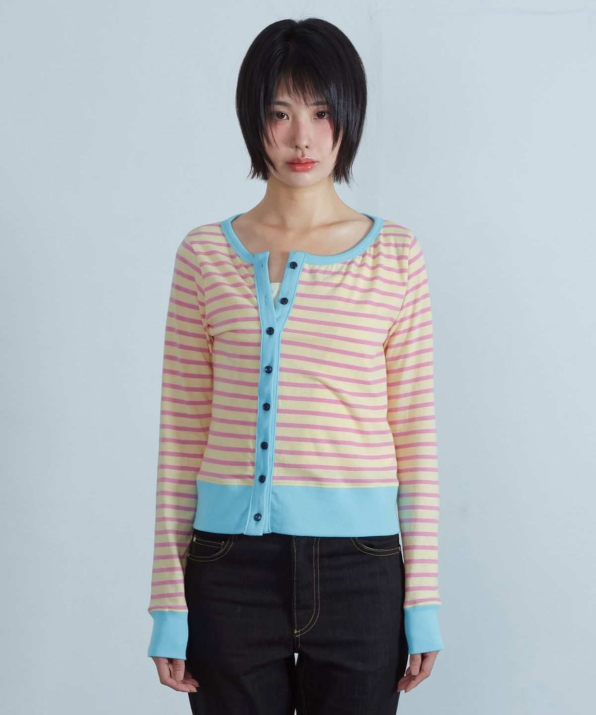 키지코(KIJIKO) ke109. Side Button Colorblock Cardigan Yellow
