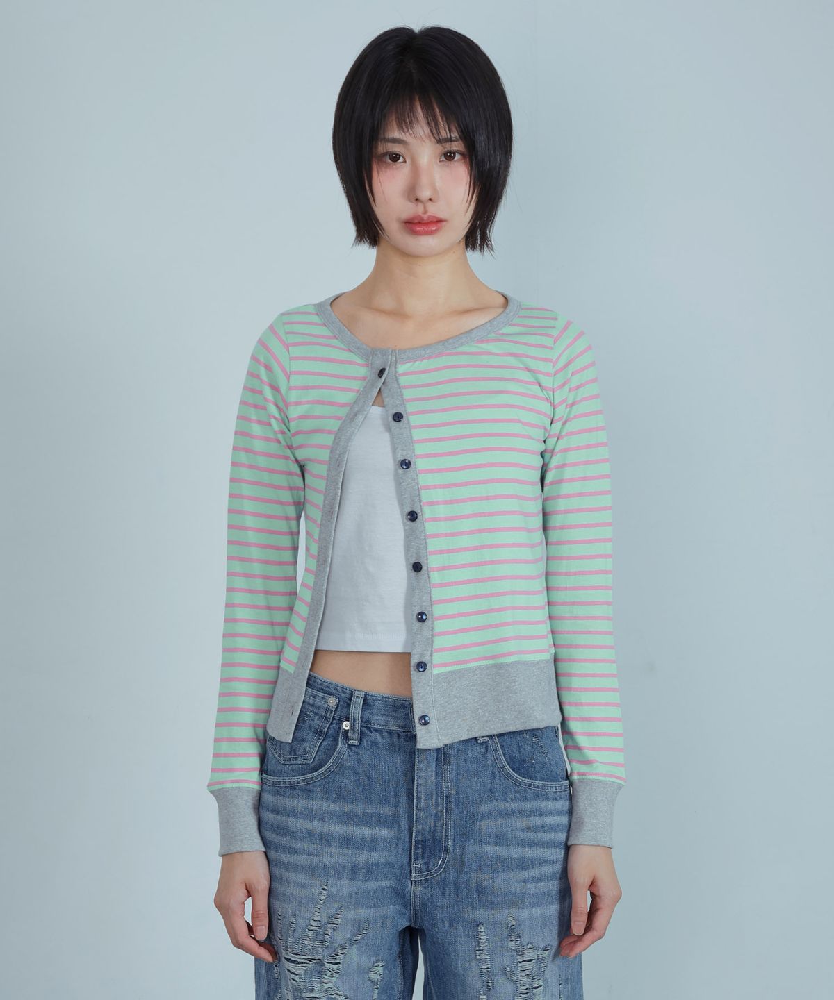 키지코(KIJIKO) ke109. Side Button Colorblock Cardigan Mint