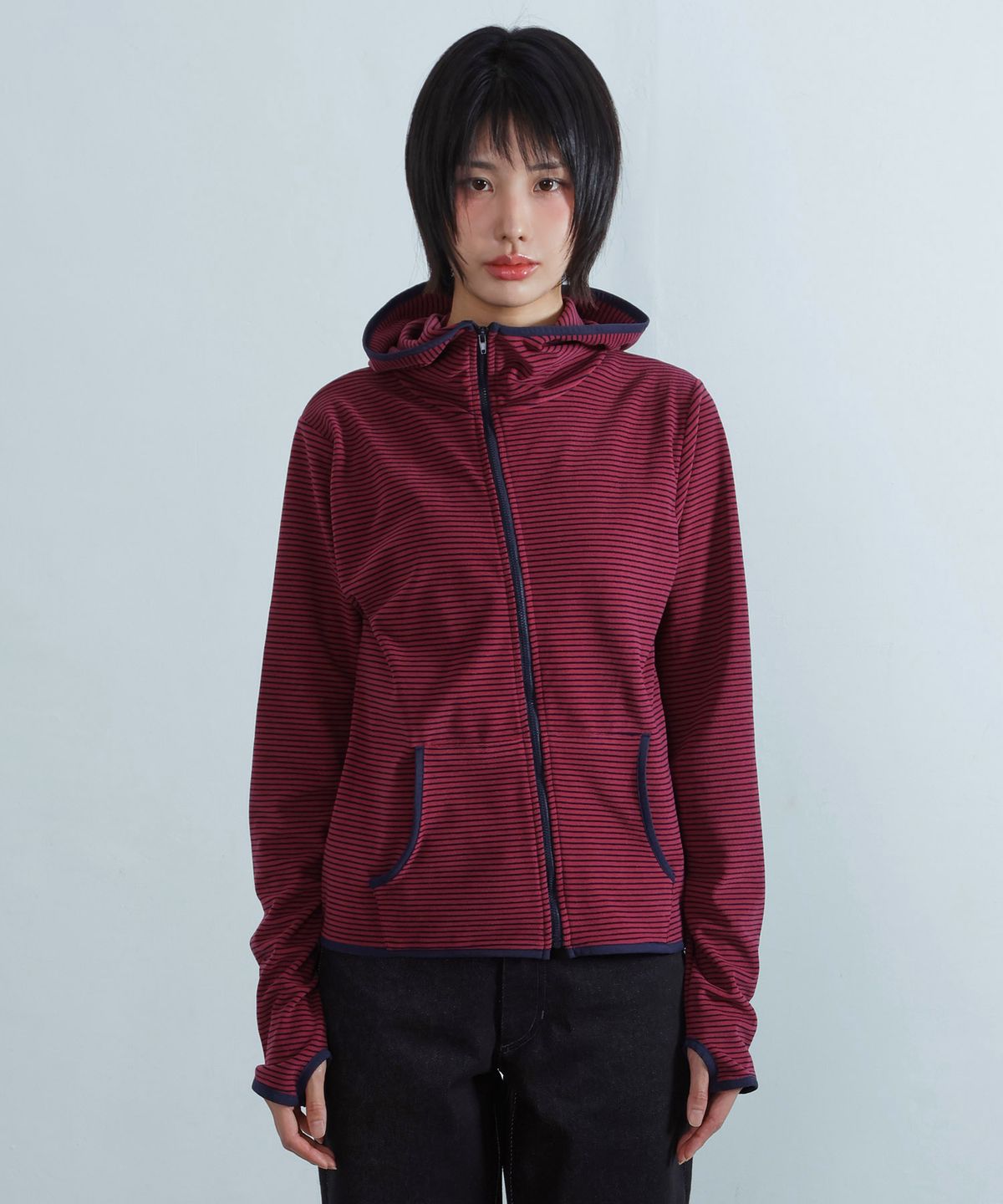 키지코(KIJIKO) ke108. Diagonal Fleece Balaclava Zip-up Burgundy