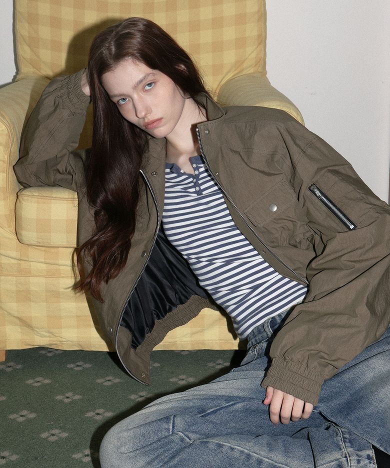 Nylon Two-Way Oversized Bomber Jacket (Khaki)