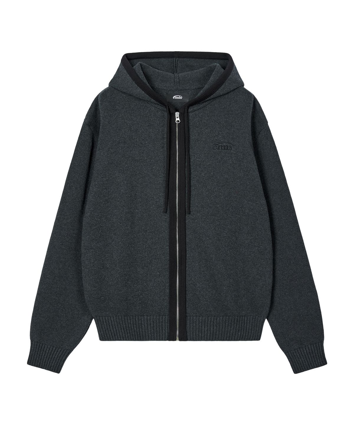 이미스(EMIS) COLOR-BLOCK KNIT HOOD ZIP-UP-CHARCOAL