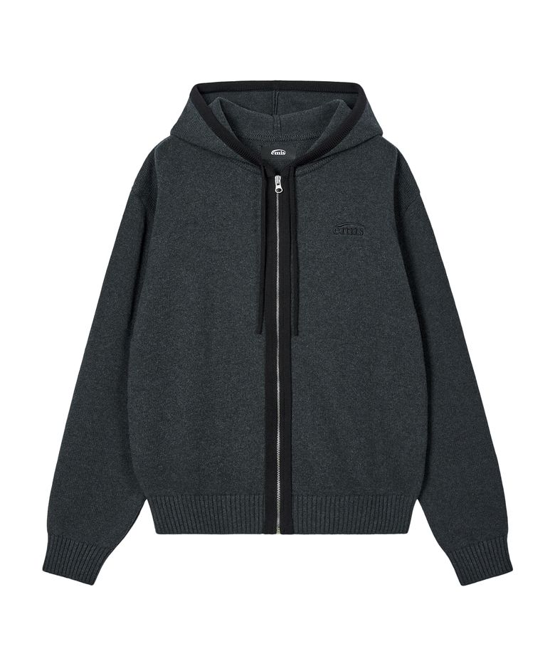 COLOR-BLOCK KNIT HOOD ZIP-UP-CHARCOAL