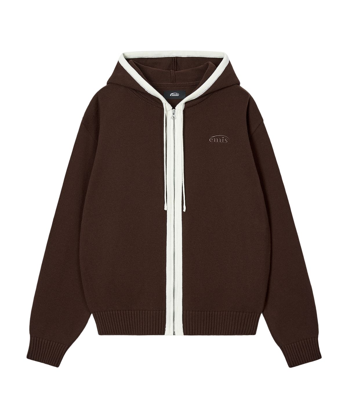 이미스(EMIS) COLOR-BLOCK KNIT HOOD ZIP-UP-BROWN