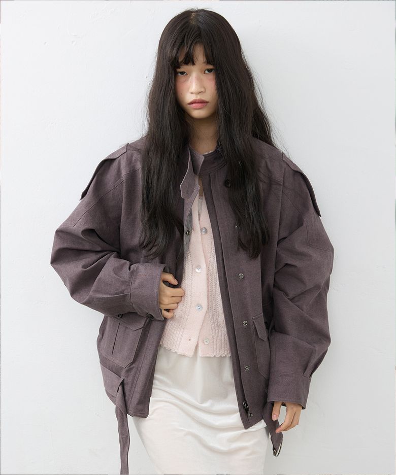 코튼 하이넥 벨티드 자켓_브라운