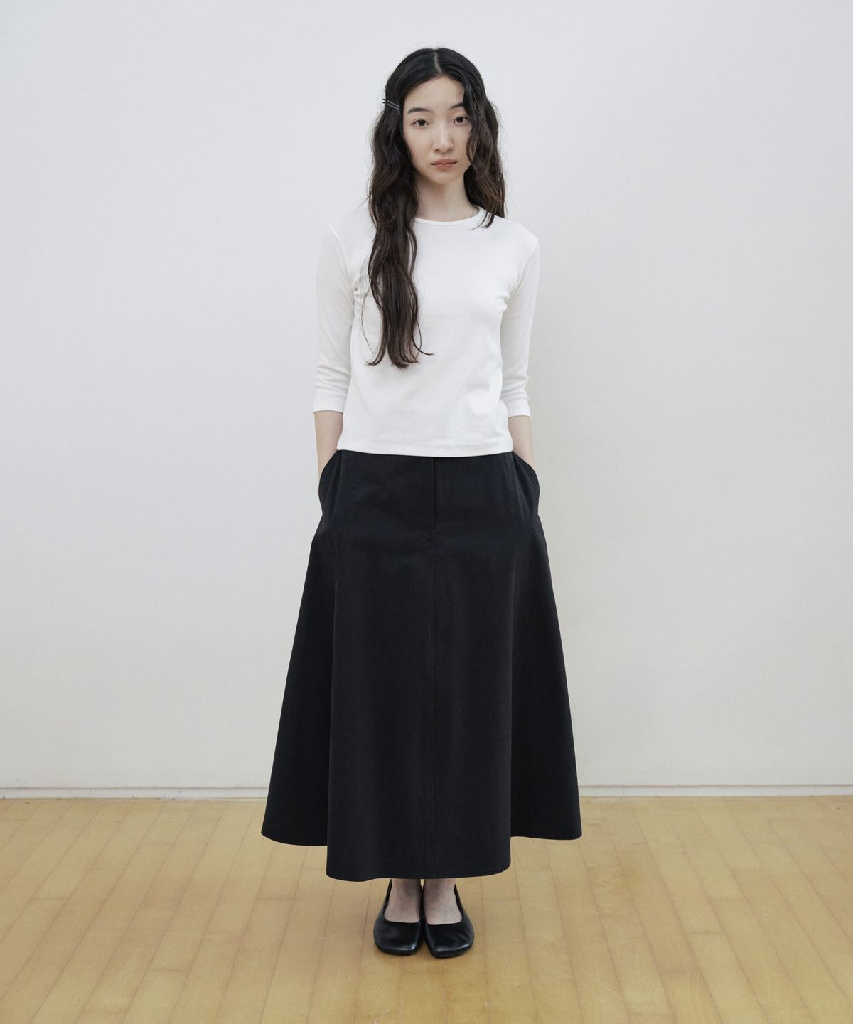 스텝어라운드(STEP AROUND) Cotton Panel Flare Skirt_BLACK