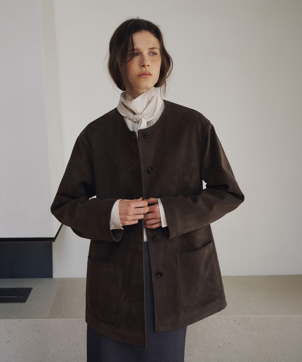 라메레이(LAMEREI) Nonfade Suede Round Jacket[LMBFAUJK117]-Moss Brown