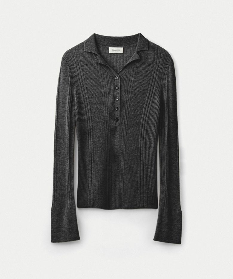 Weightless wool cashmere collared henley pullover_Charcoal