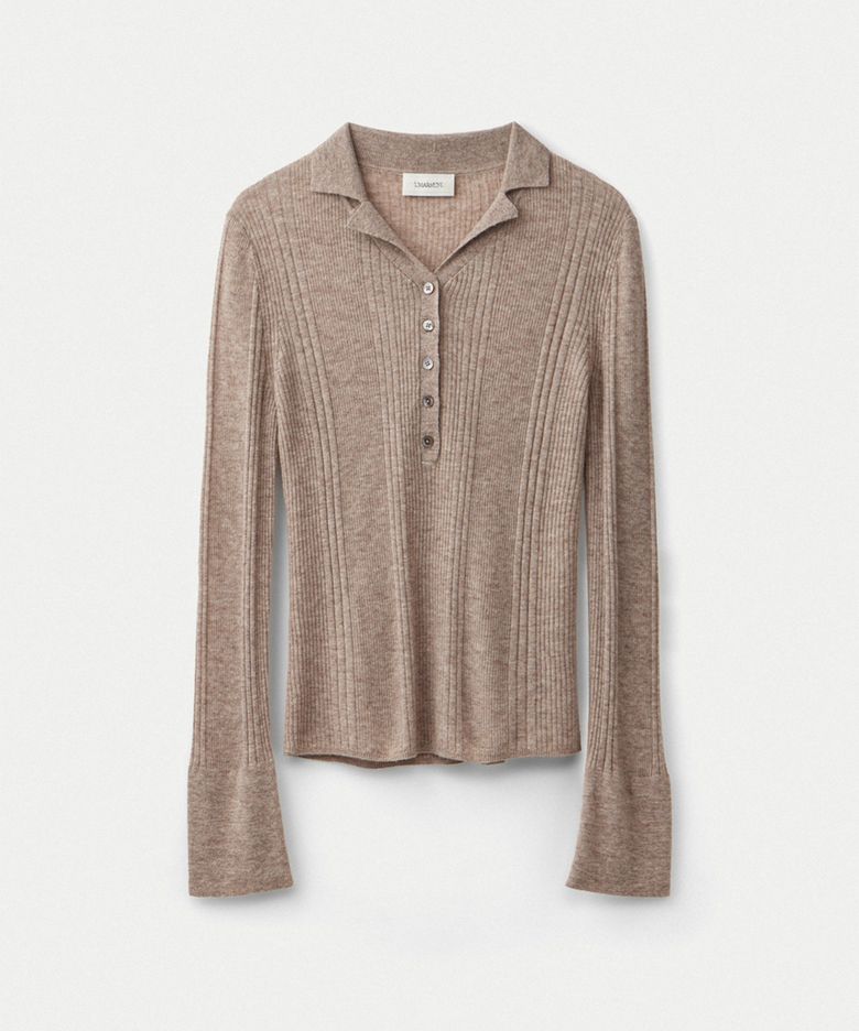 Weightless wool cashmere collared henley pullover_Oatmeal