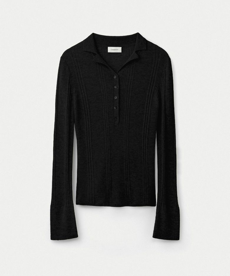 Weightless wool cashmere collared henley pullover_Black
