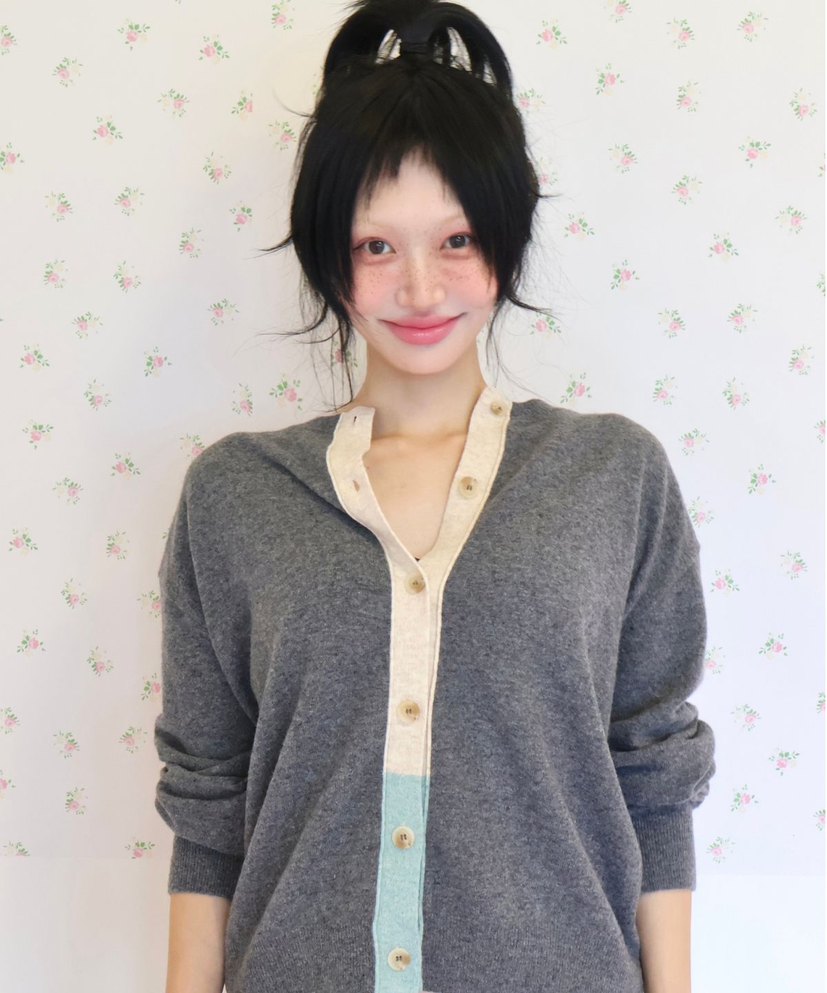키코지(KIKOZY) Vintage Tone Mix Cardigan_Chacoal