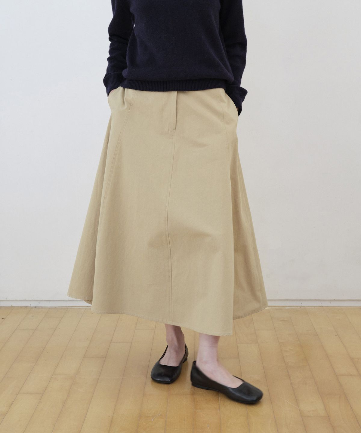 스텝어라운드(STEP AROUND) Cotton Panel Flare Skirt_BEIGE