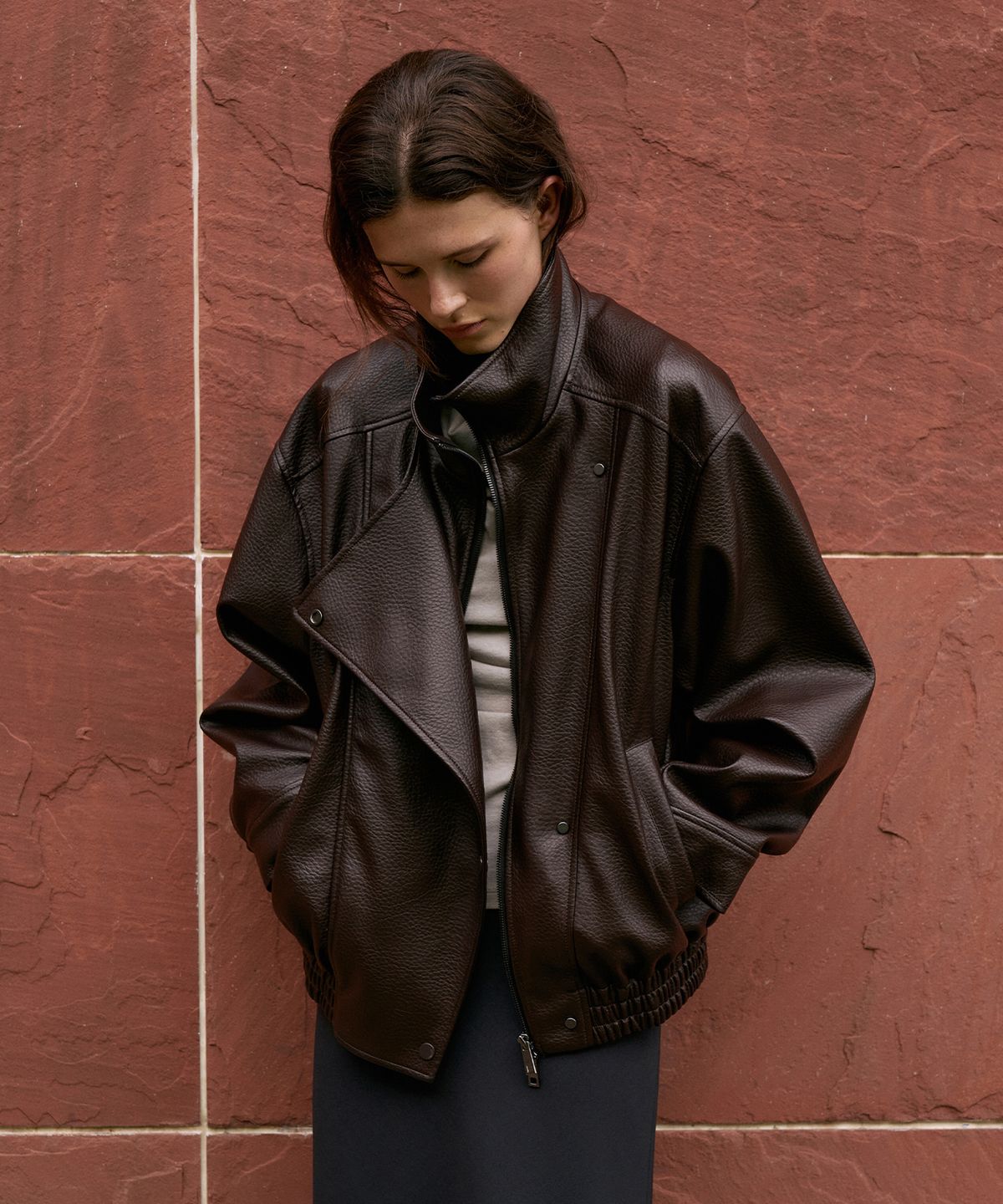 라메레이(LAMEREI) Leather Funnel Neck Jacket[LMBFAUJK122]-Chocolate Brown