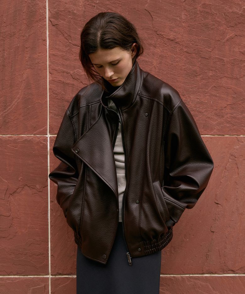 Leather Funnel Neck Jacket[LMBFAUJK122]-Chocolate Brown