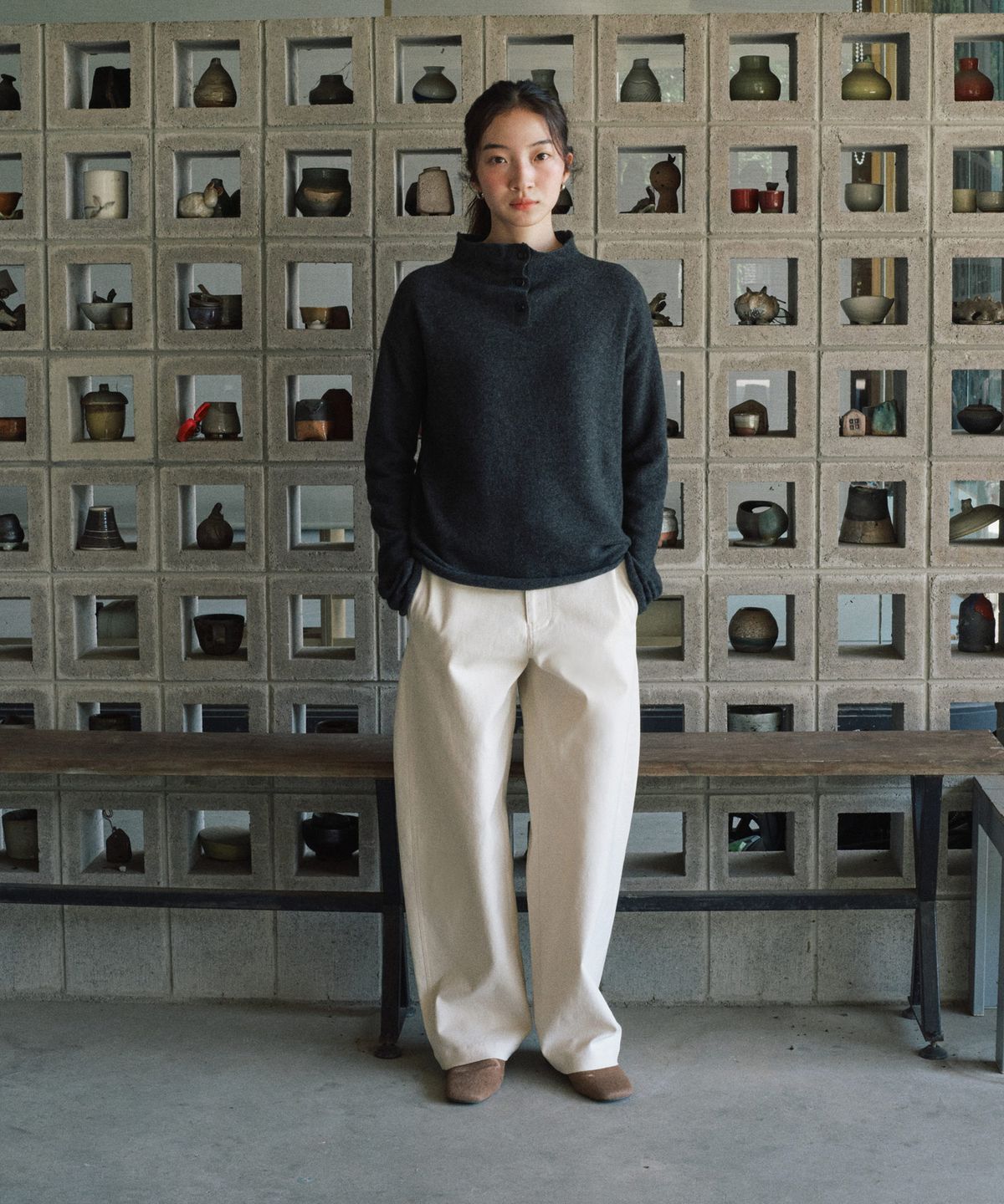 스텝어라운드(STEP AROUND) Cotton Stretch Curved Pants_IVORY