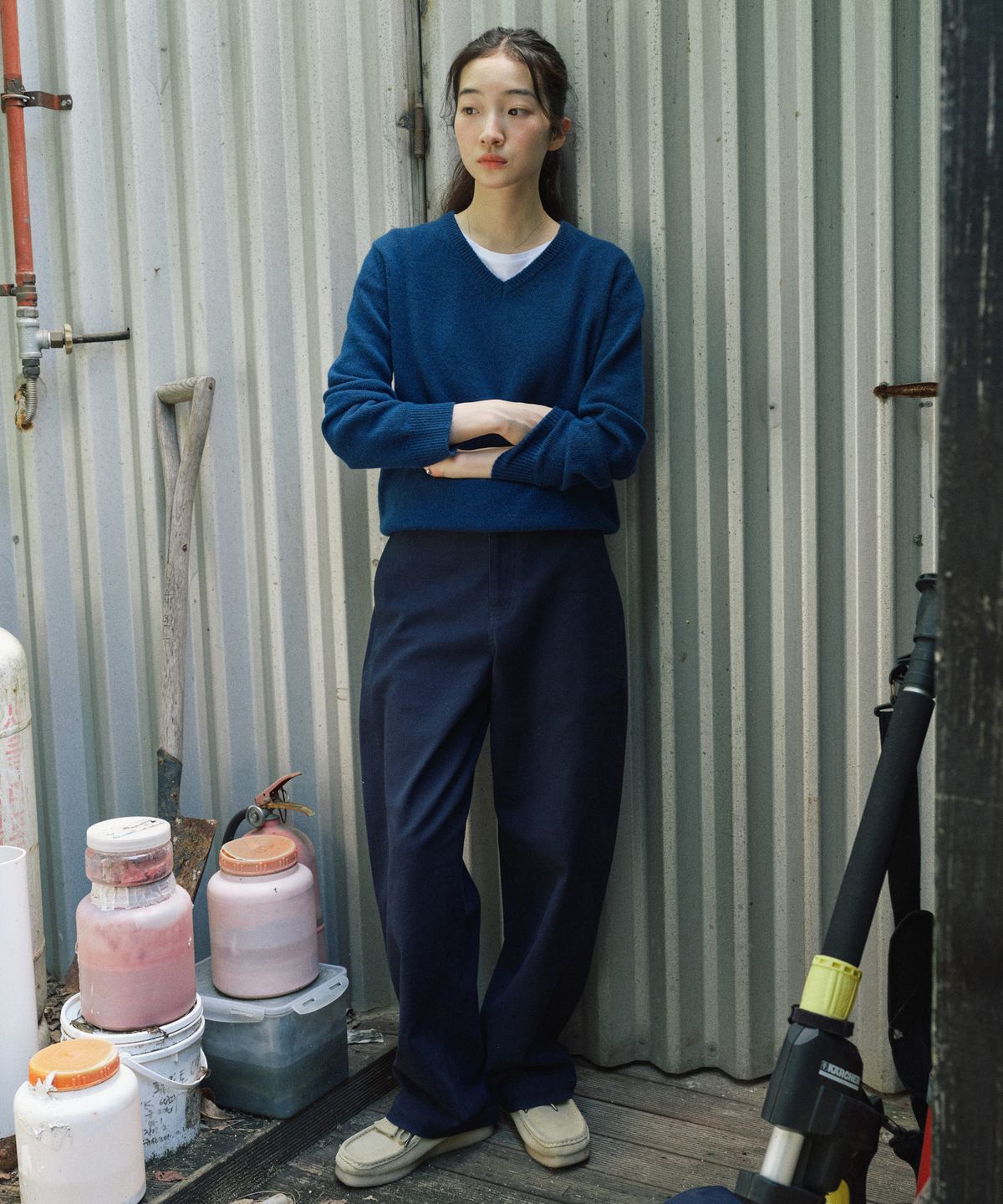 스텝어라운드(STEP AROUND) Cotton Stretch Curved Pants_NAVY