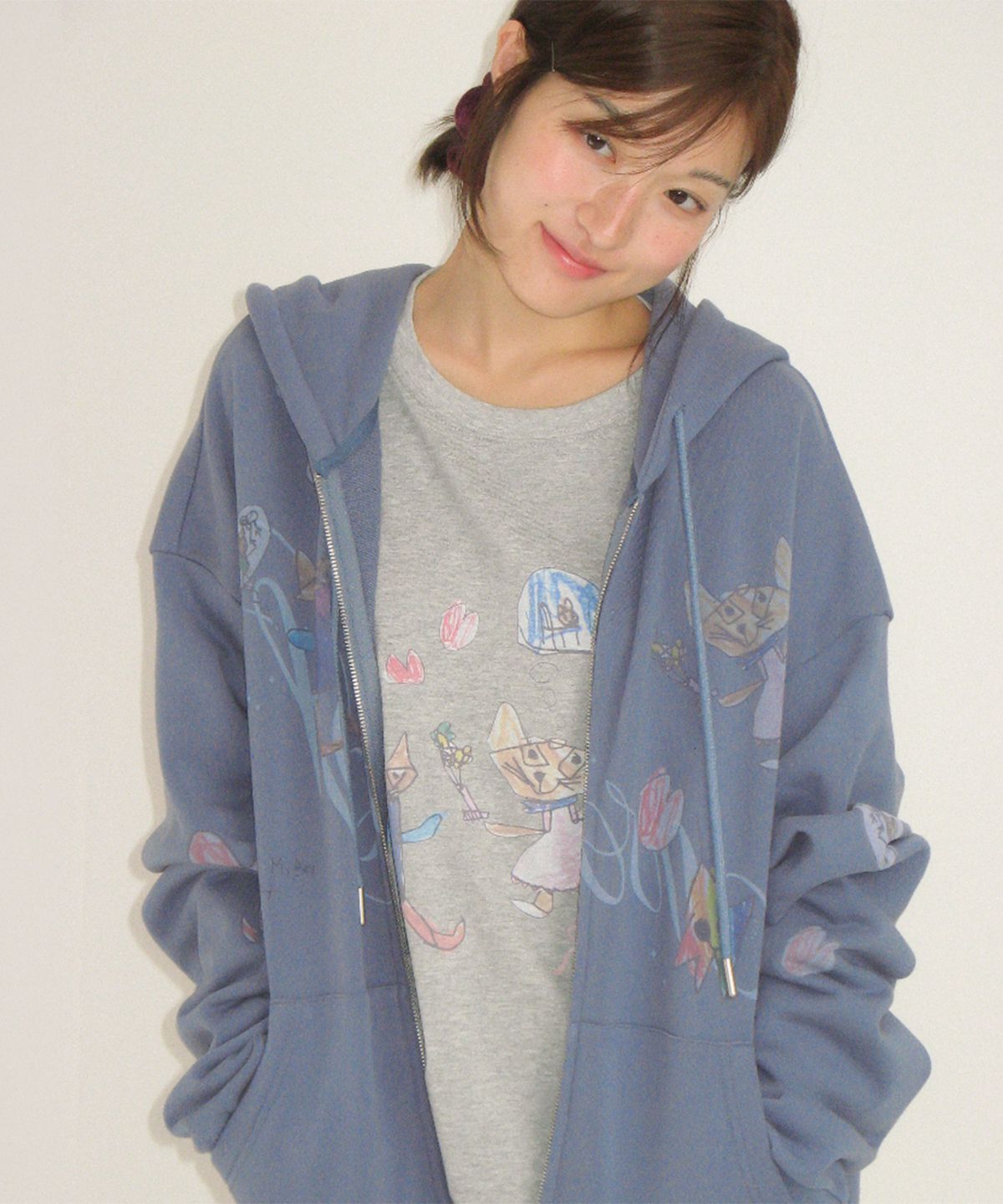 론론(RONRON) KIDS CAT DOODLE LONG SLEEVE GREY