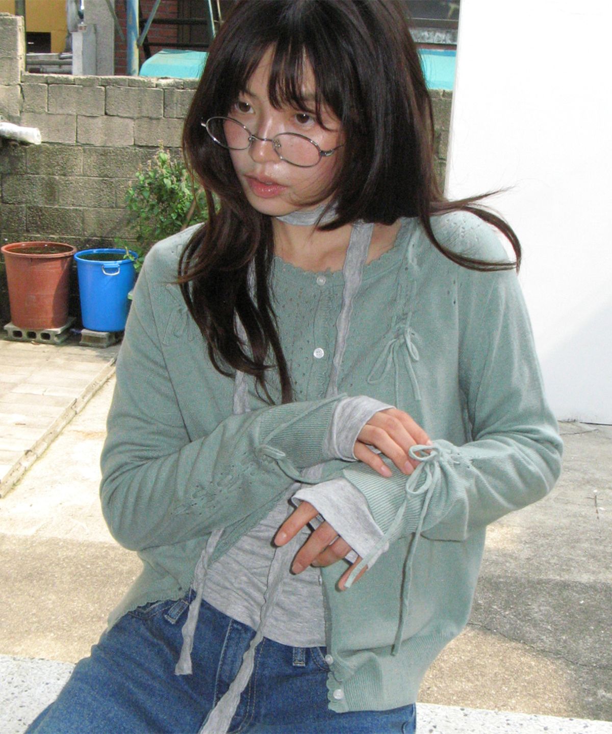 론론(RONRON) OPENWORK RIBBON CARDIGAN MINT