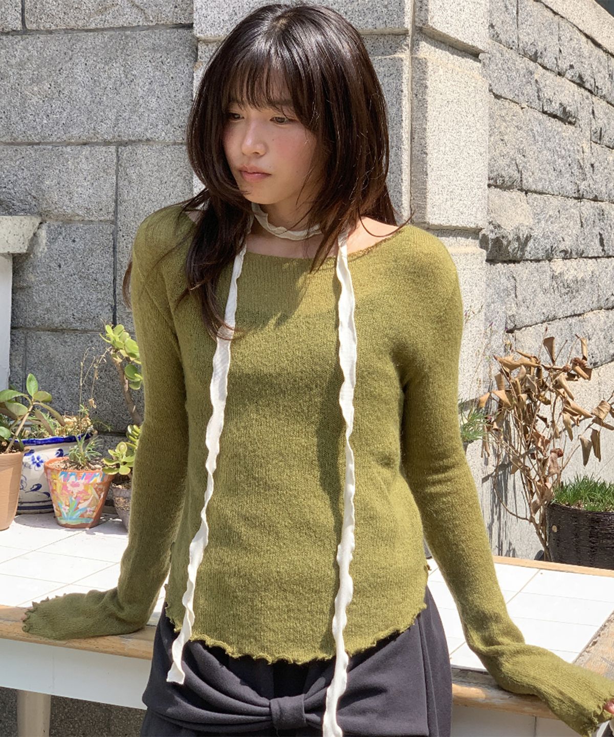 론론(RONRON) SHEER WAVY BOAT NECK KNIT OLIVE