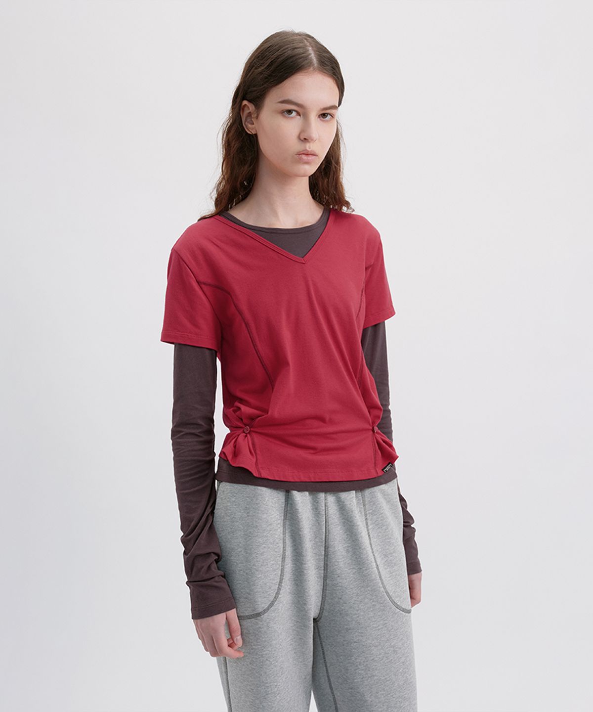 시메트릭 퍼센트(SYMMETRICPERCENT) V-Neck Layered TS / Red