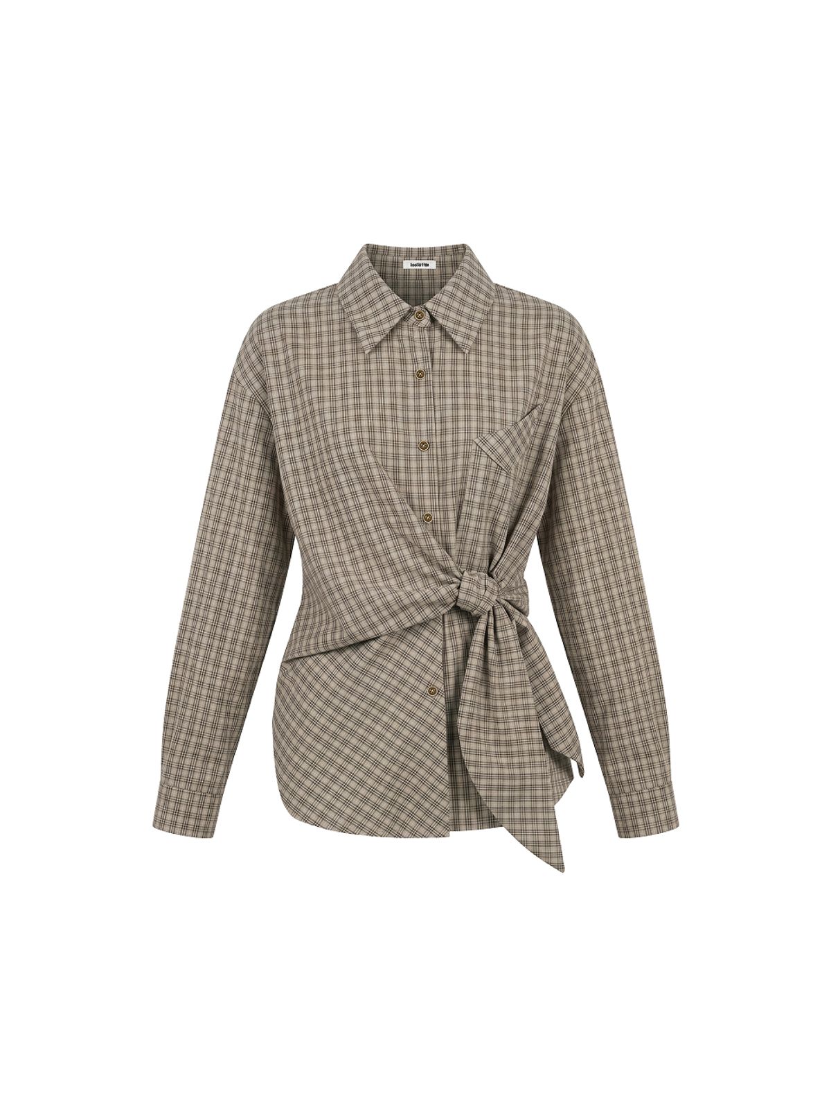 쿨키튼(KOOLKITTEN) Asymmetric Tie-Hem Plaid Shirt 2colors