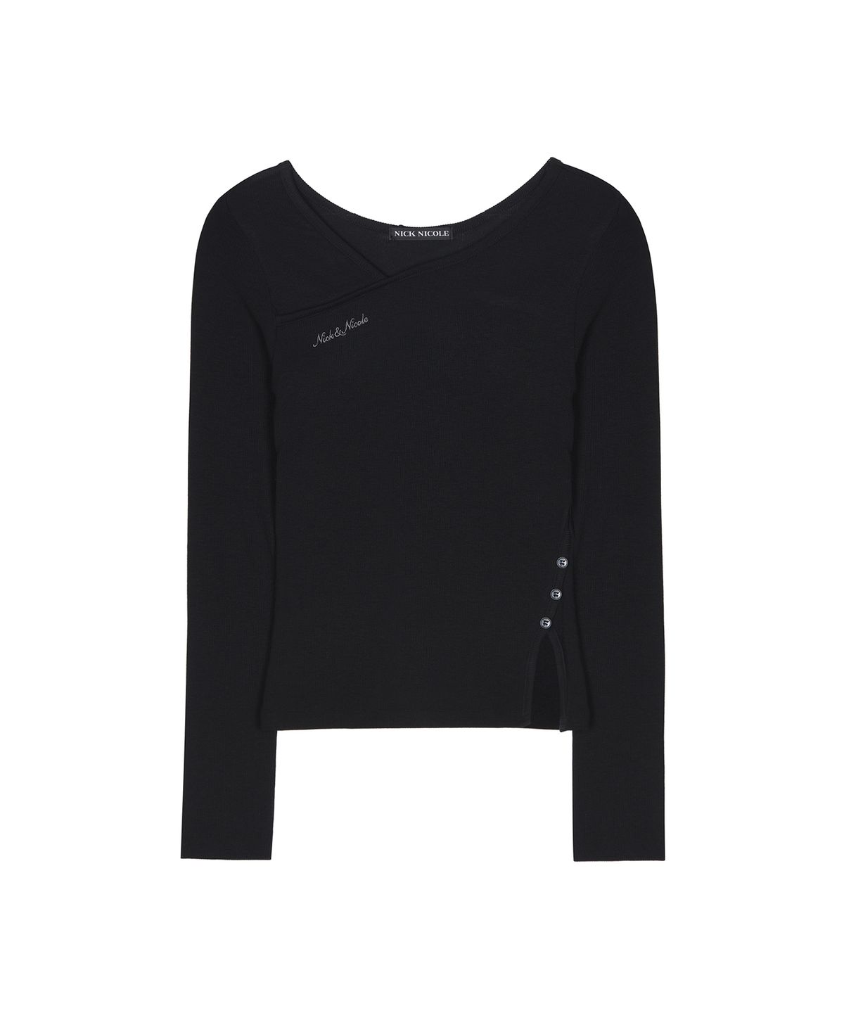 닉앤니콜(NICK&NICOLE) SIDE SLIT BUTTON RIBBED TOP_BLACK