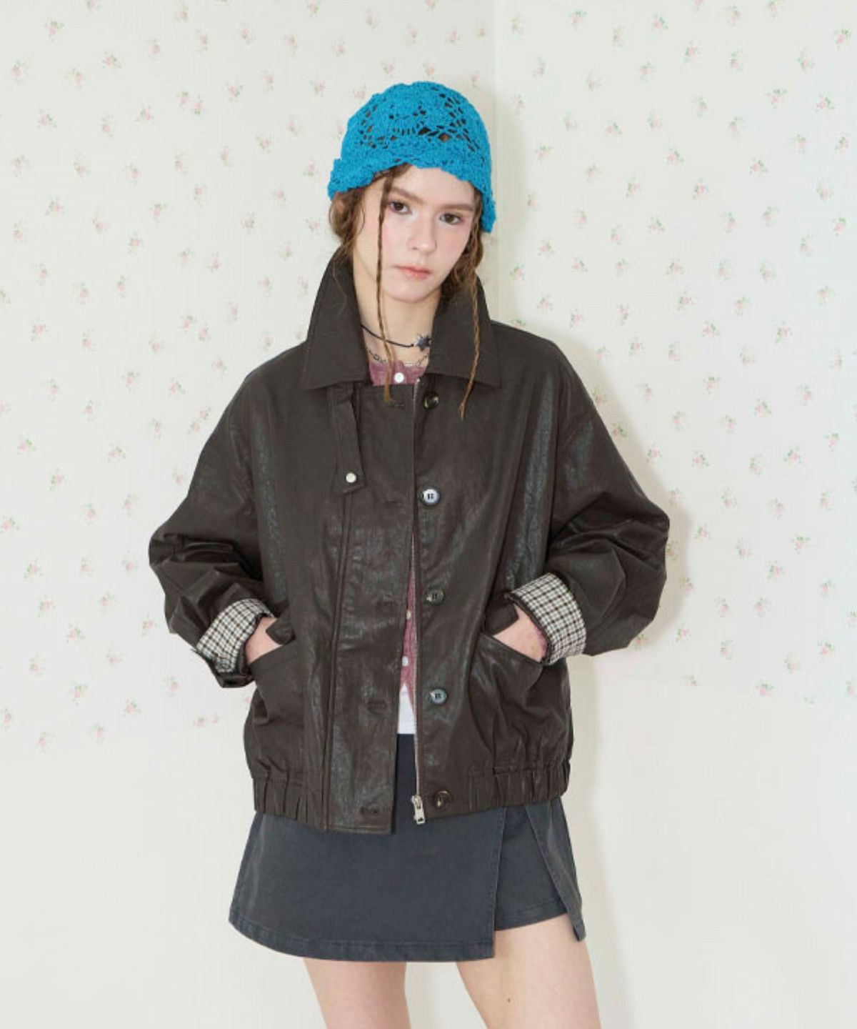 쿨키튼(KOOLKITTEN) Plaid Cuff Leather Jacket 2colors