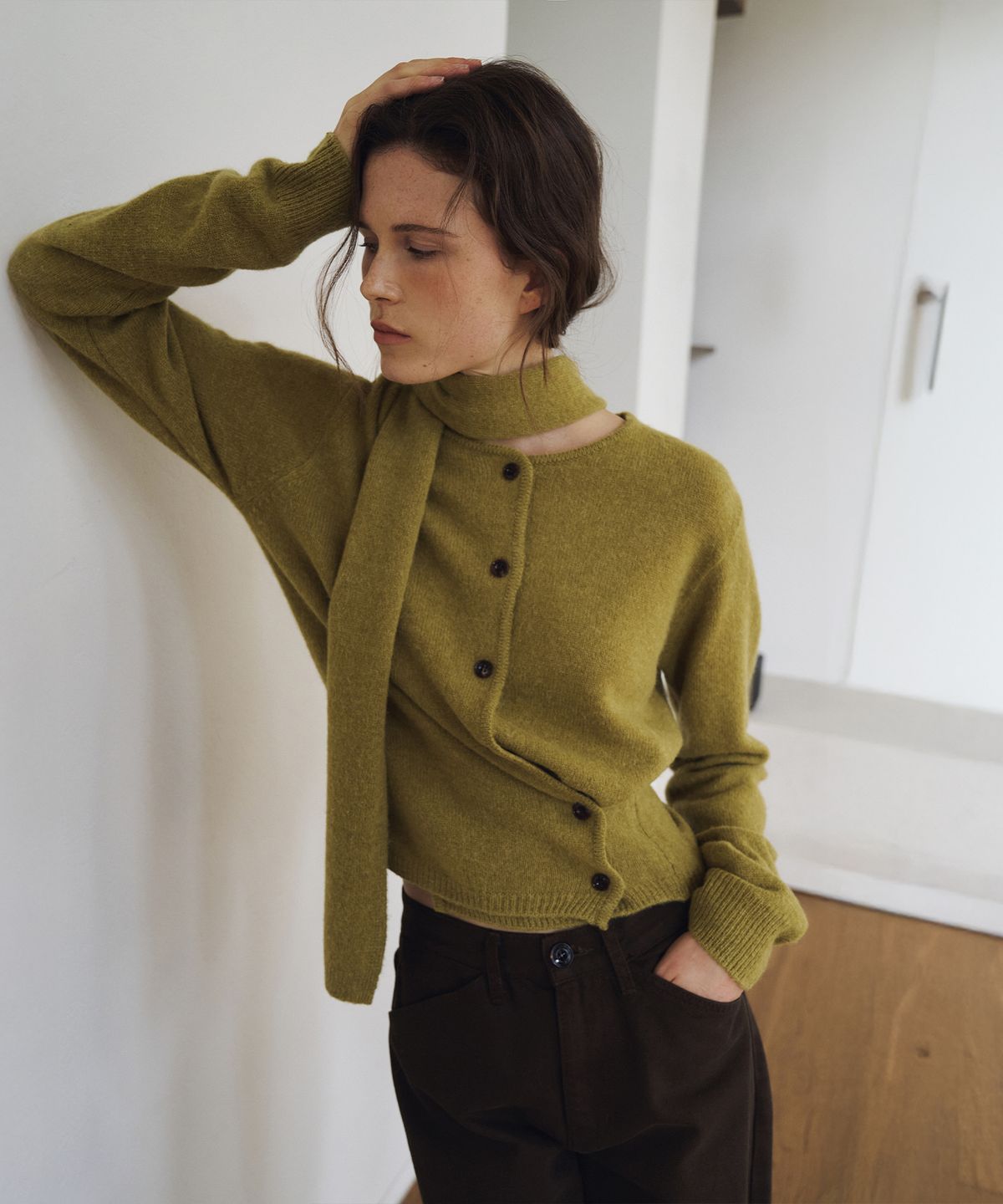 라메레이(LAMEREI) [머플러 Set]Baby Alpaca Round Cardigan[LMBFAUKN308]-Olive