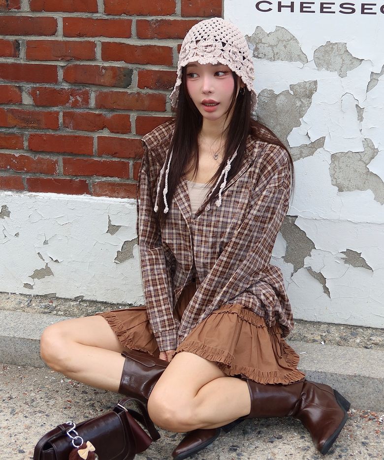 여성) 빈티지 스냅 후드 체크 셔츠