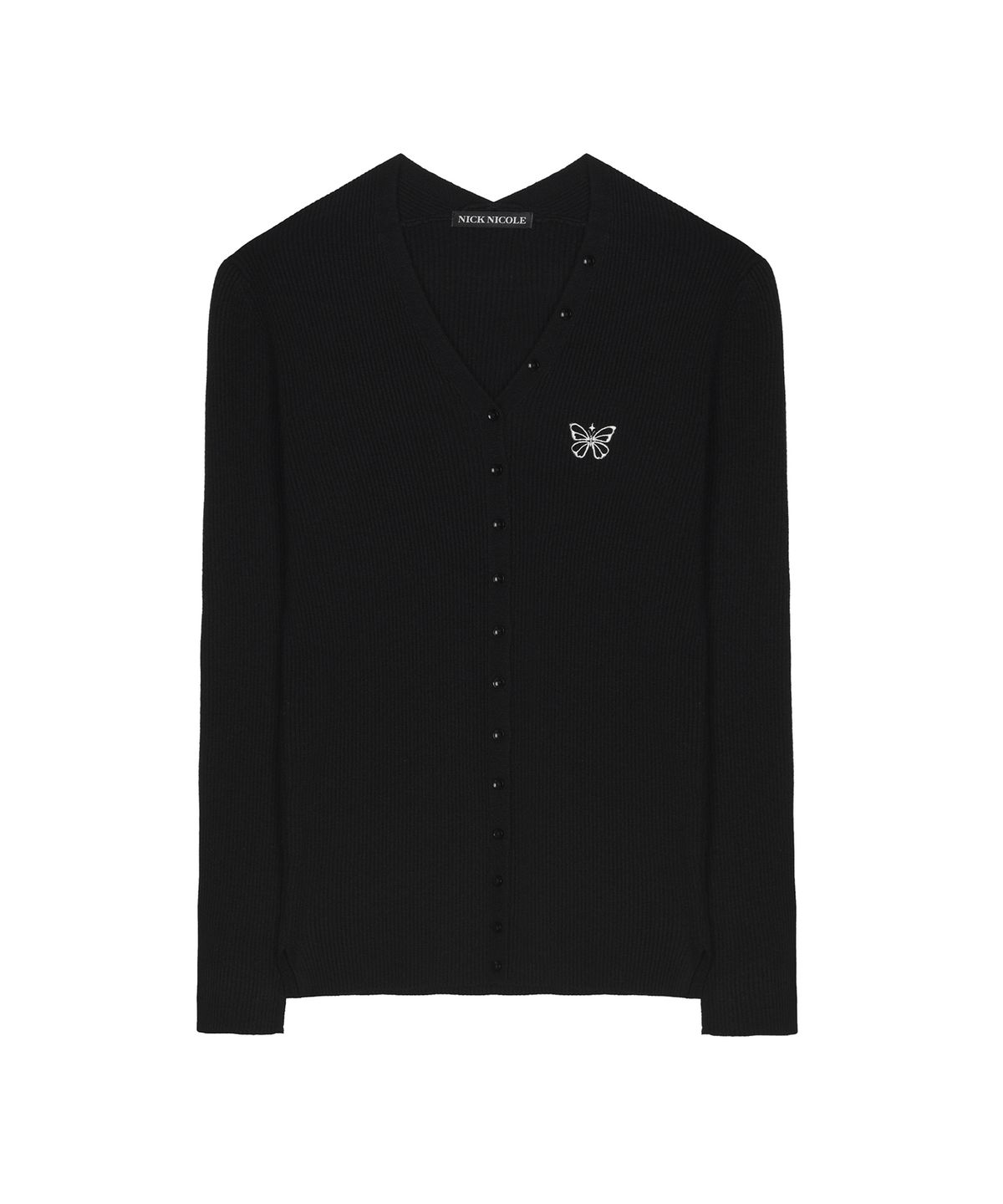 닉앤니콜(NICK&NICOLE) BUTTERFLY BUTTON SLIM KNIT CARDIGAN_BLACK