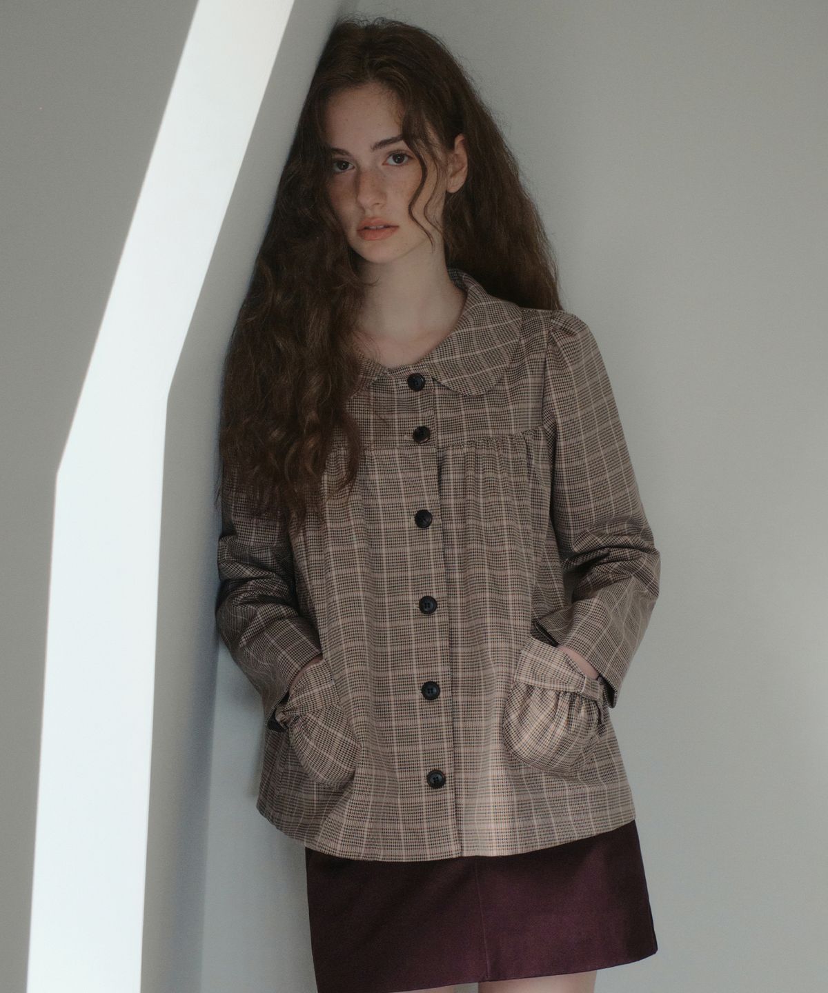 아우어노스텔지아(OURNOSTALGIA) Colette Check Shirring Jacket_Beige(OB6OT05)