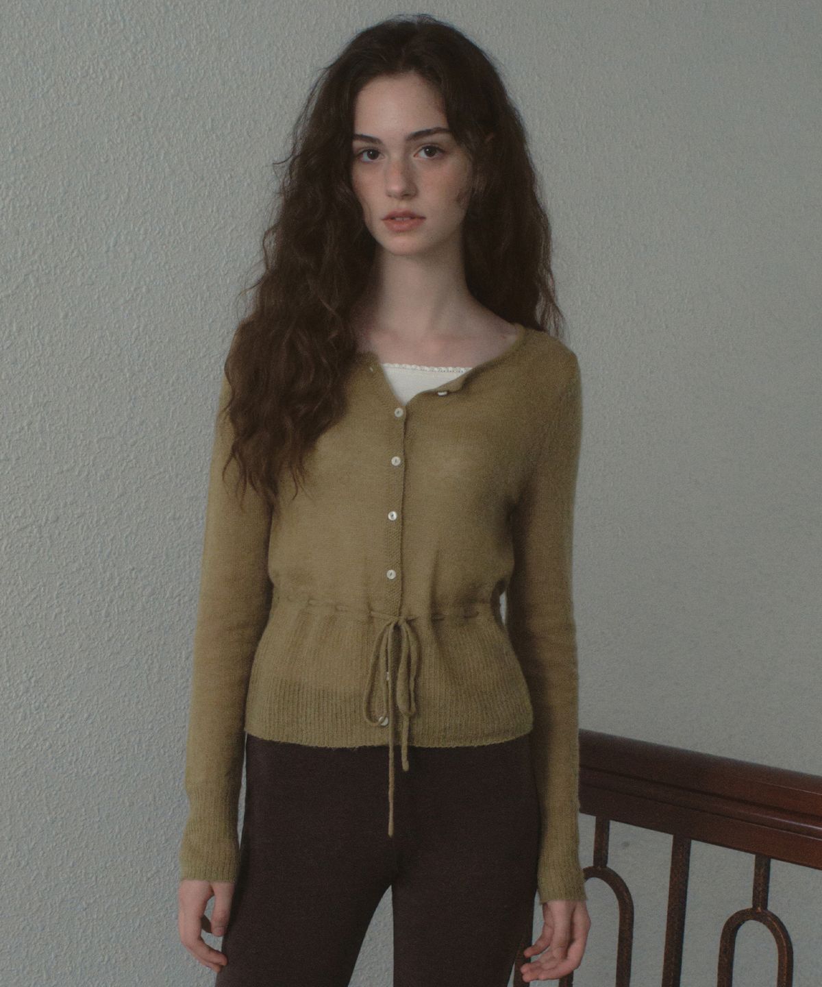 아우어노스텔지아(OURNOSTALGIA) Maren Tie Mohair Knit Cardigan_Khaki(OCB6KN39)