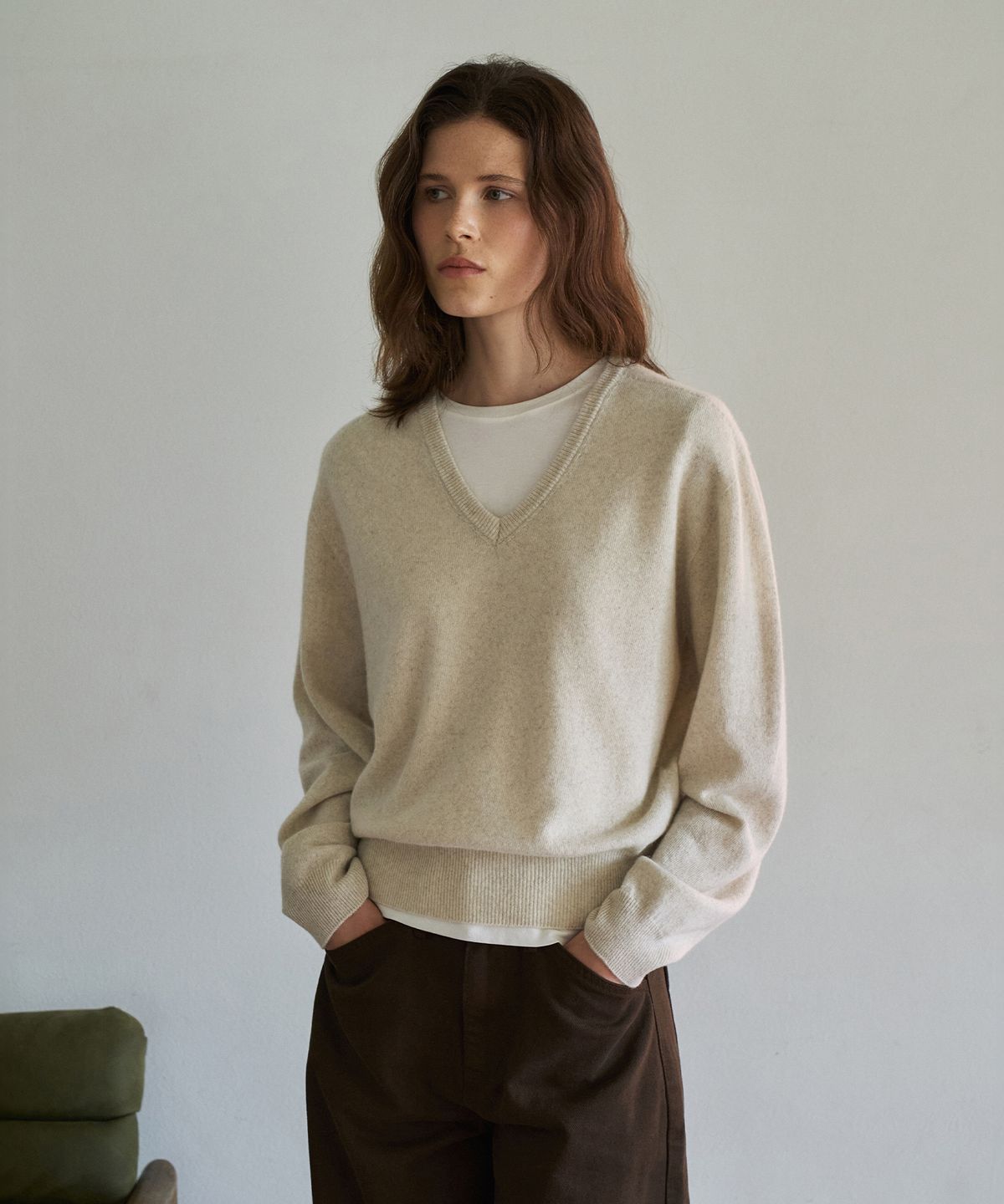 라메레이(LAMEREI) Wholegarment Wool 100 V-Neck Knit Top[LMBFAUKN311]-Oatmeal