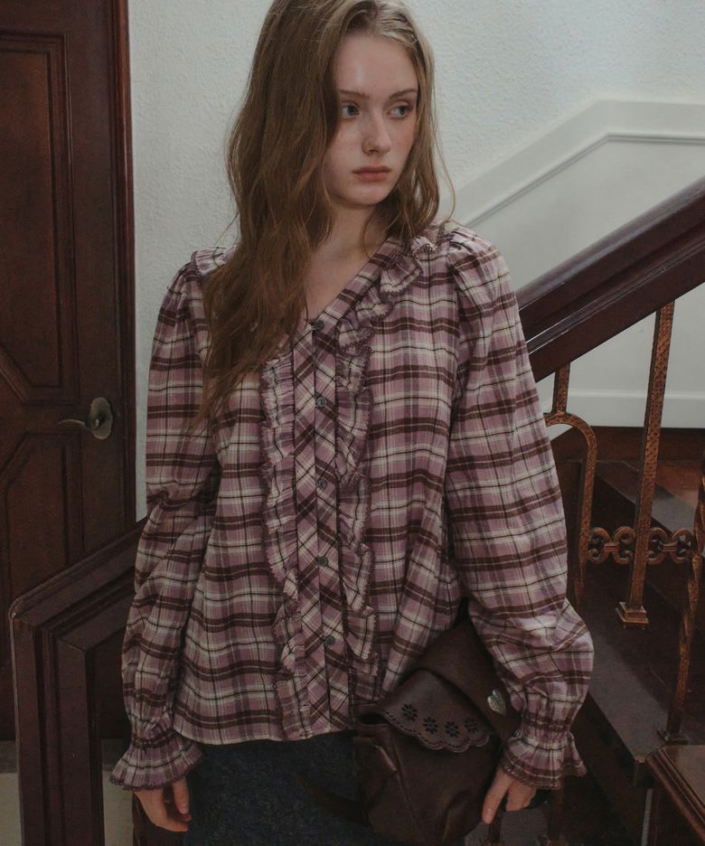 Vintage Check Ruffle Blouse_Lavender(OB6BL15)