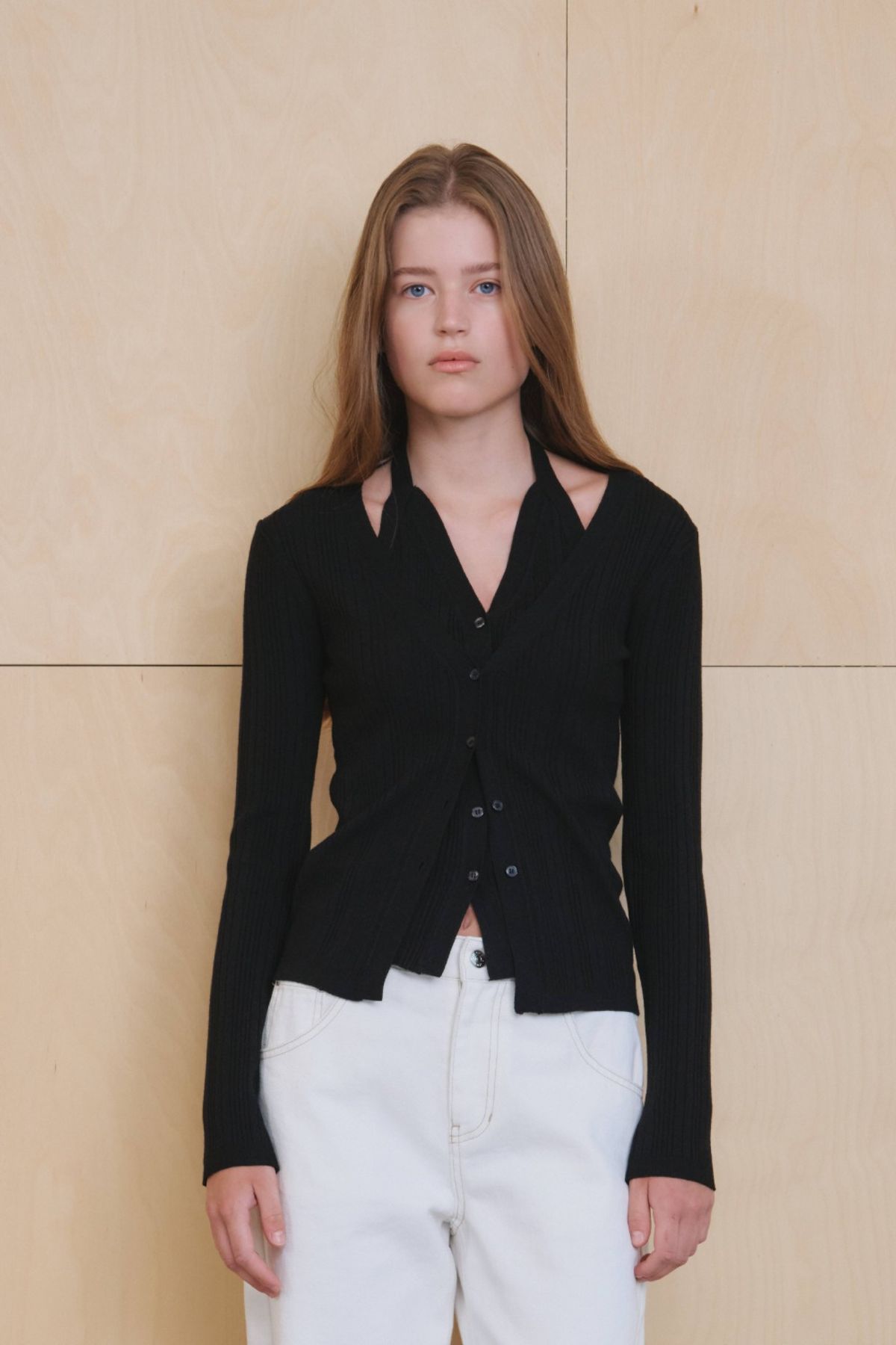 쿠메(KUMÉ) Halter Layered Ribbed knit Cardigan, Black