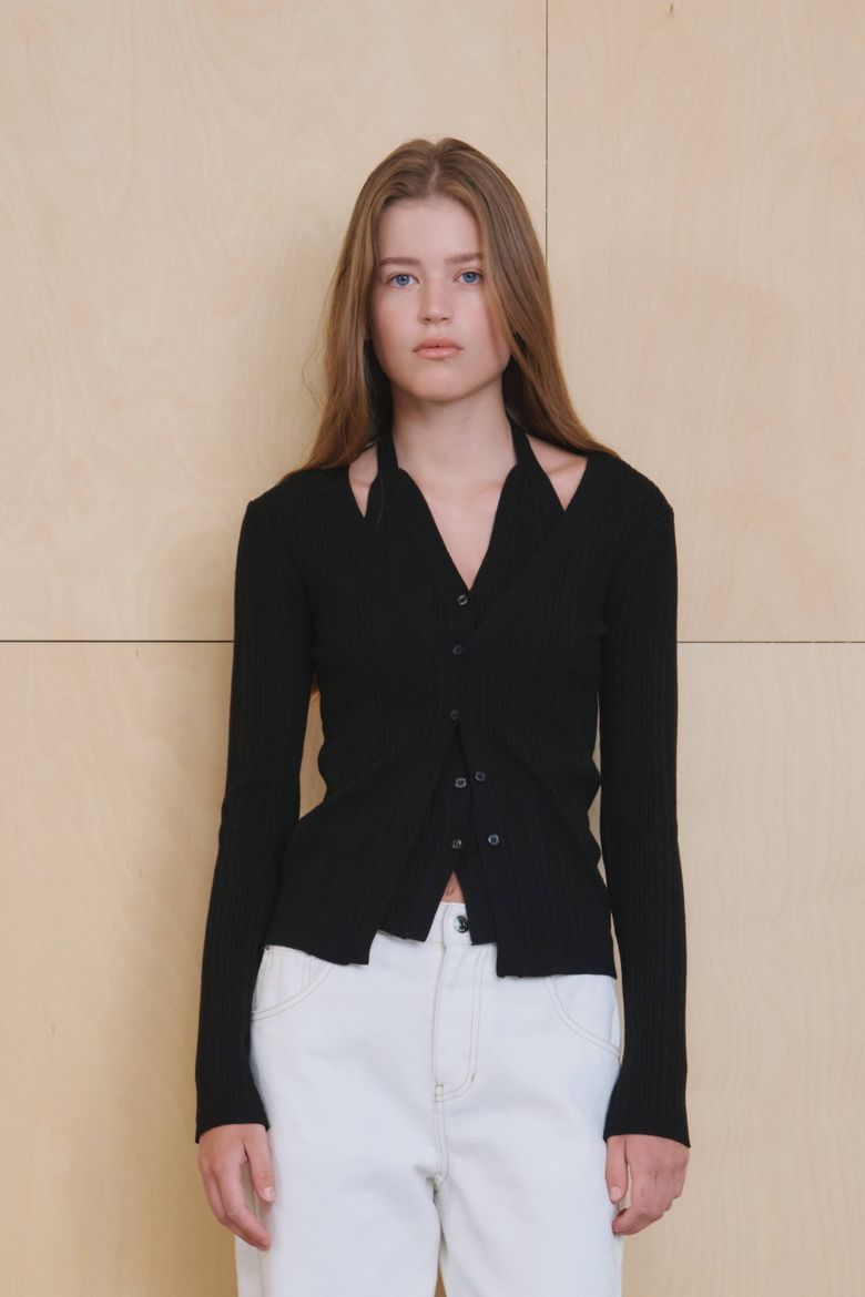 Halter Layered Ribbed knit Cardigan, Black