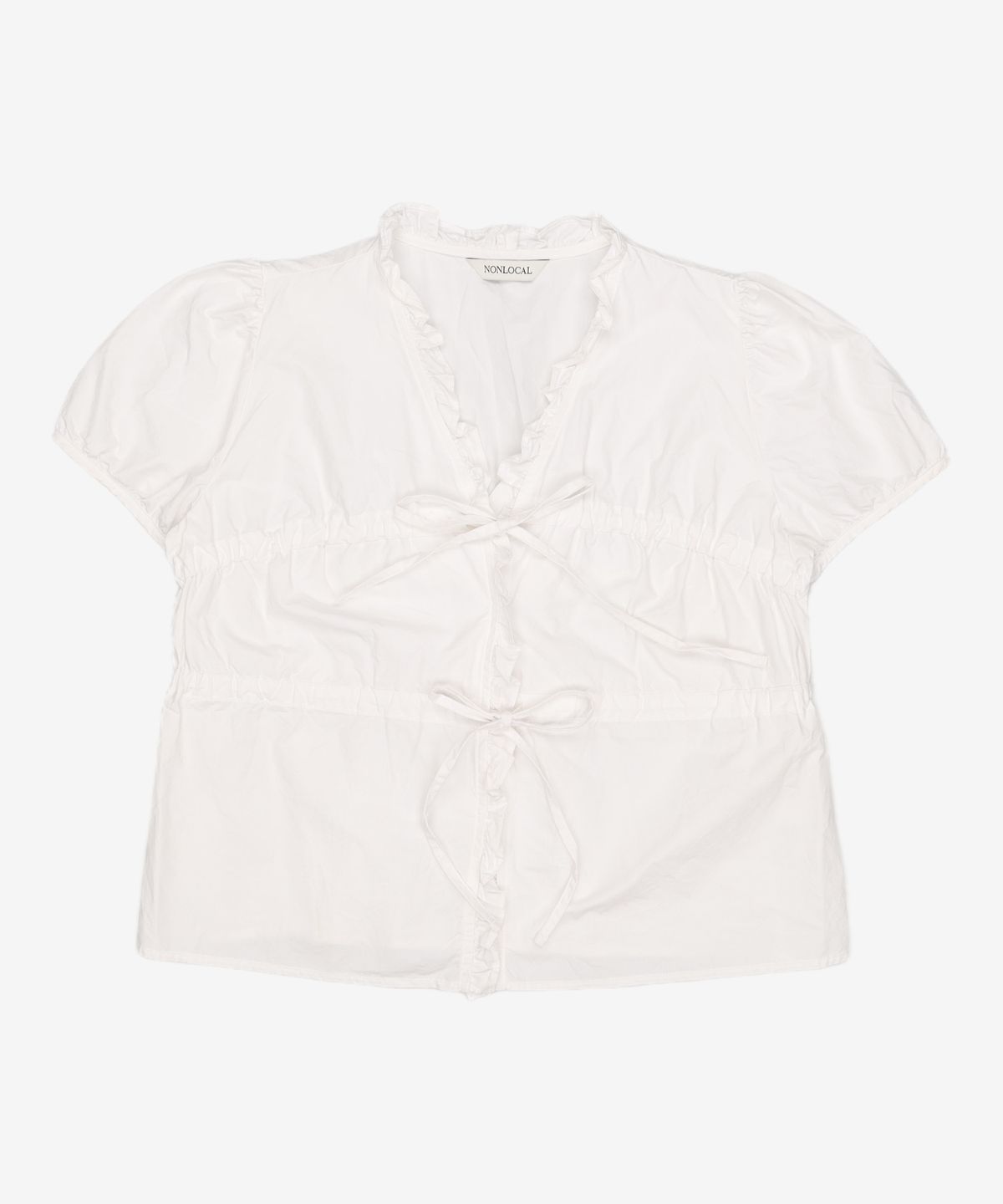 논로컬(NONLOCAL) Ribbon Shirring Puff Sleeve Blouse - White FREE