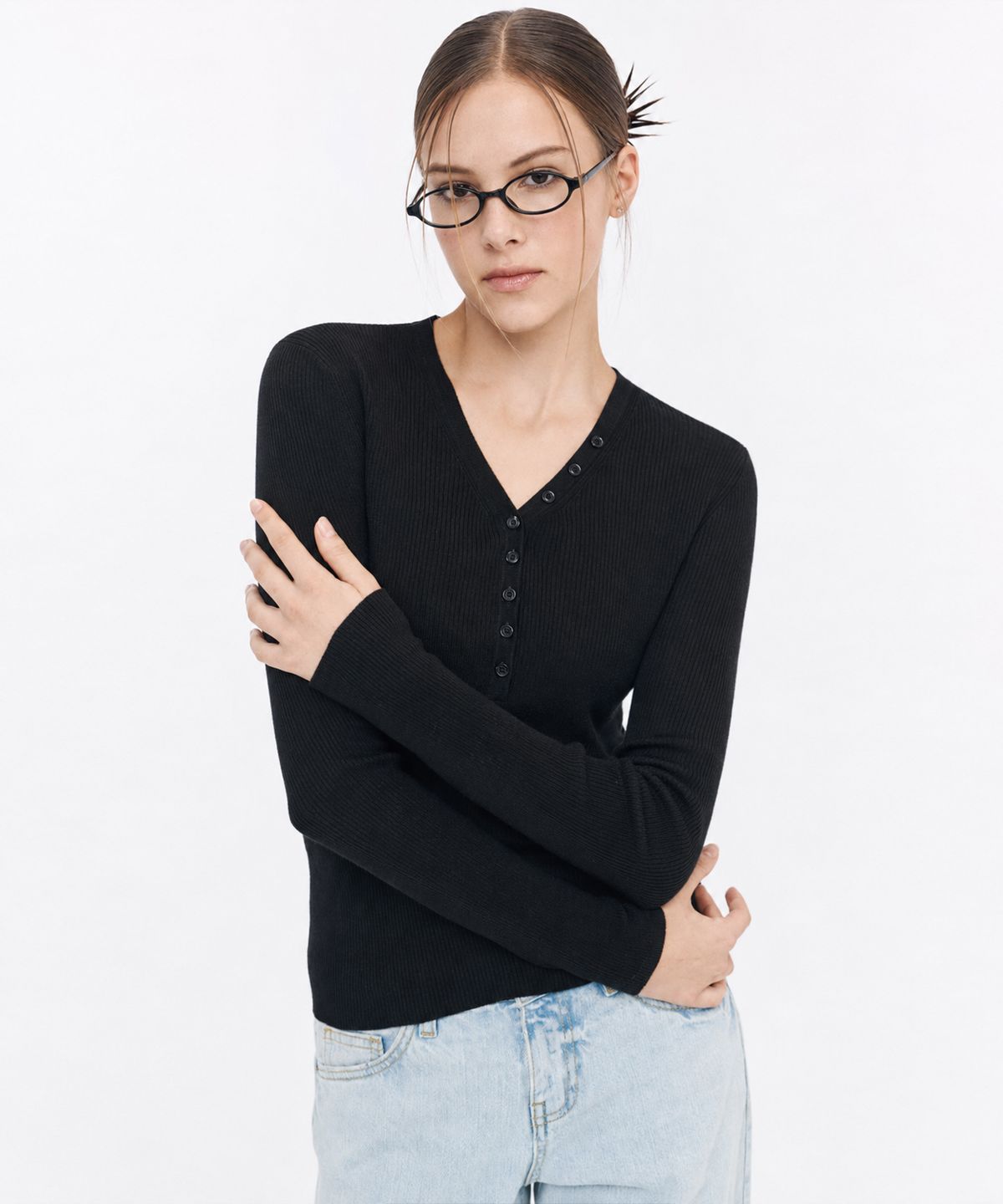 바닐라니트(VANILLAKNIT) 타임 버튼 브이넥 골지 니트