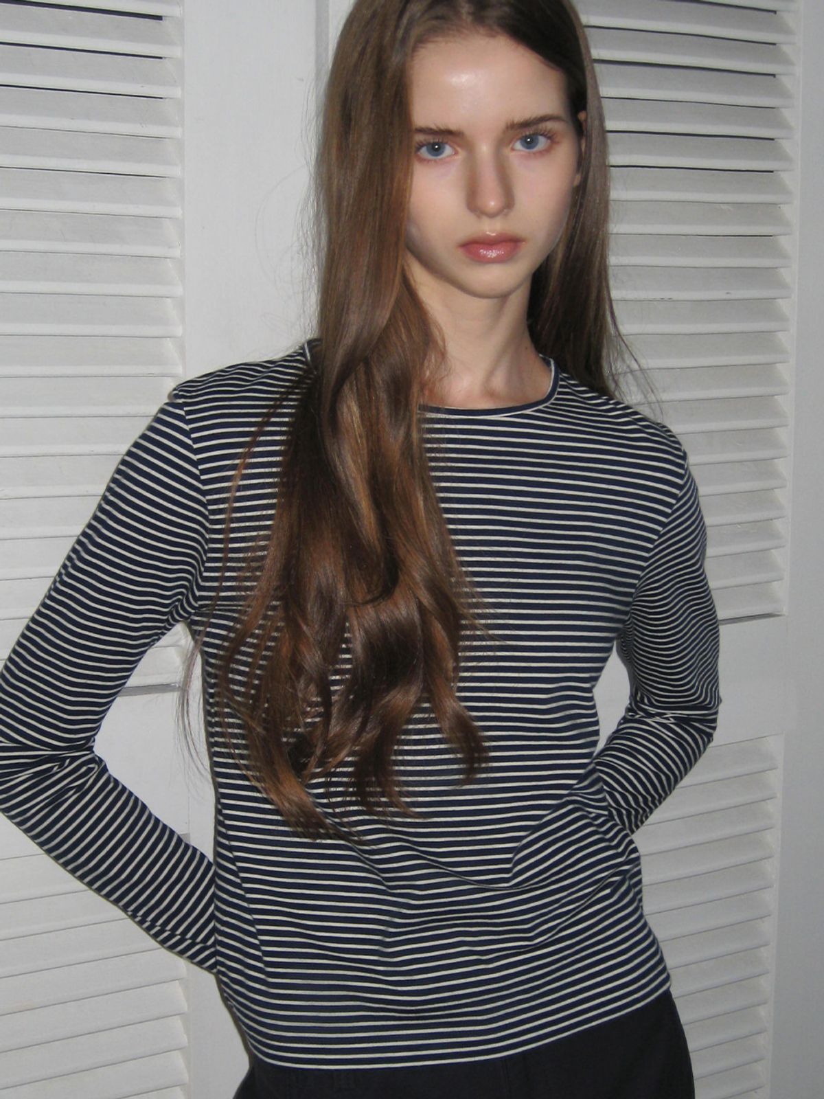 웨이브유니온(WAVE UNION) Stripe Slim Fit Longsleeve T-shirt Navy Ivory