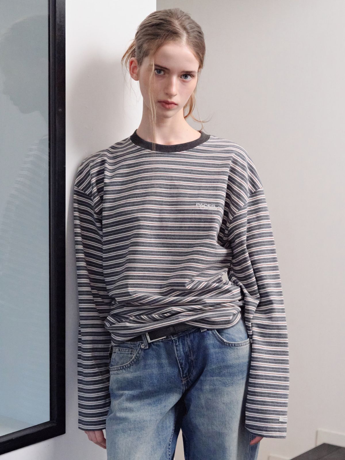 웨이브유니온(WAVE UNION) Stripe Oversized Longsleeve T-shirt Charcoal