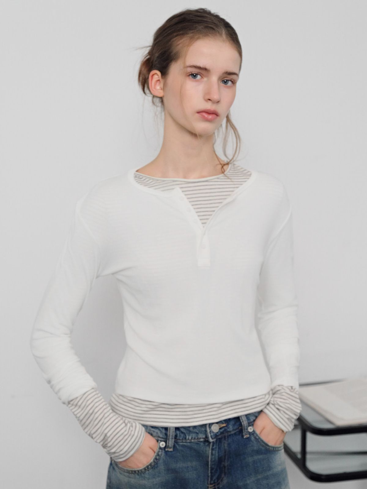 웨이브유니온(WAVE UNION) Soft rib Henley Longsleeve Top White