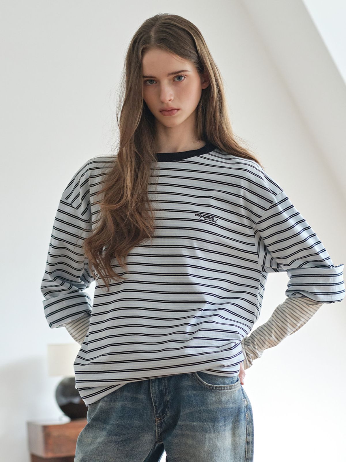 웨이브유니온(WAVE UNION) Stripe Oversized Longsleeve T-shirt Light blue