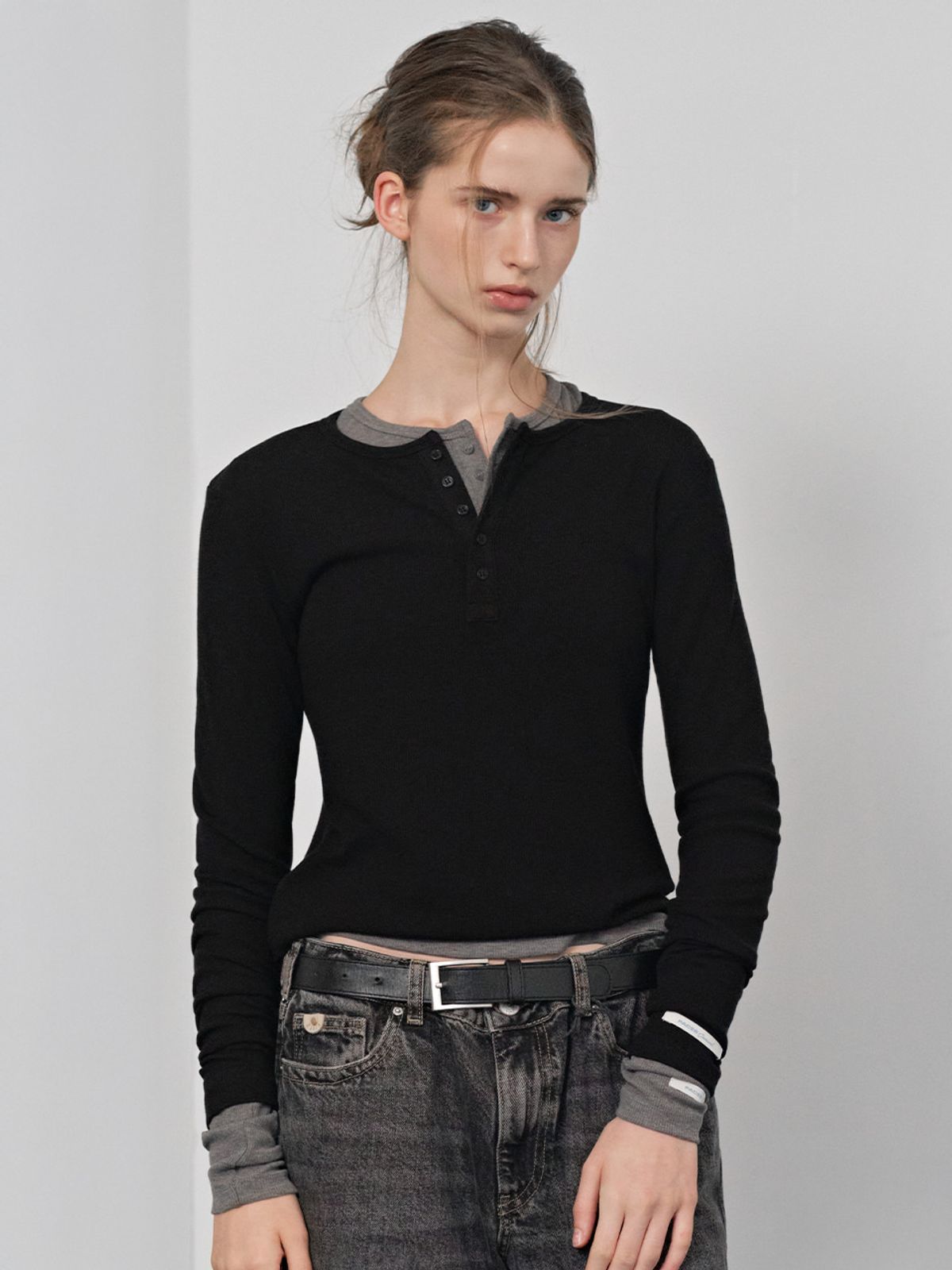 웨이브유니온(WAVE UNION) Soft rib Henley Longsleeve Top Black