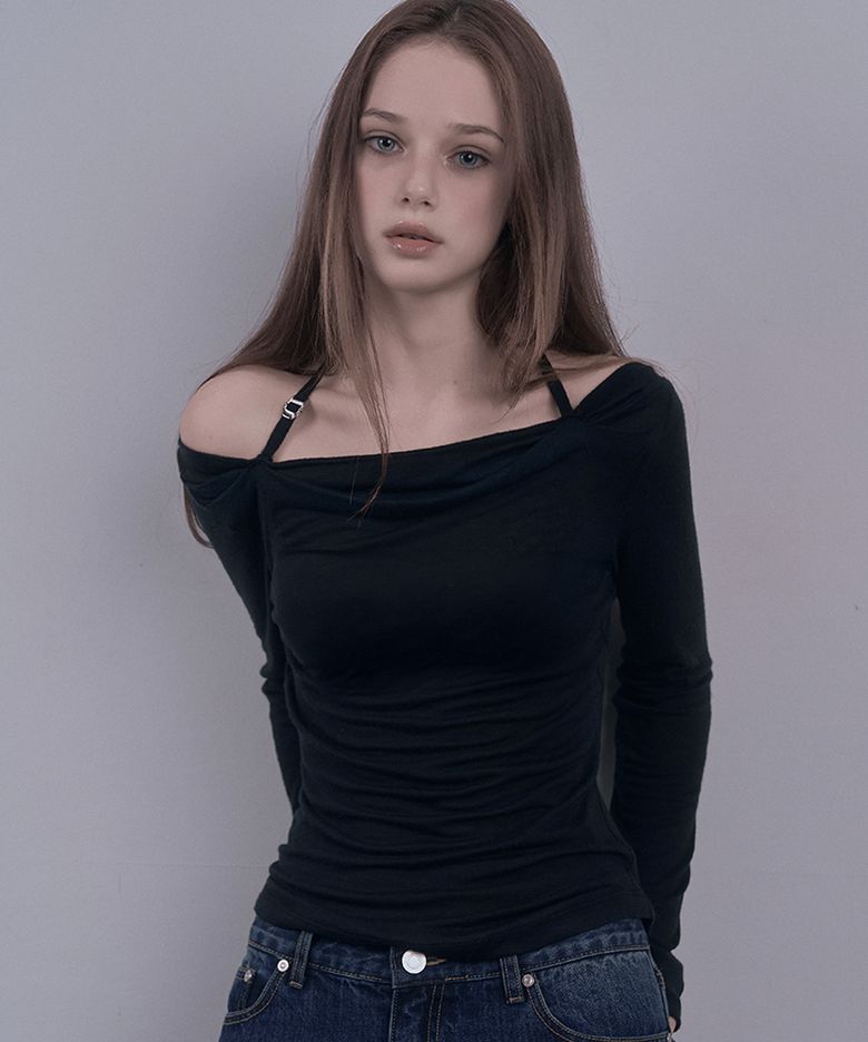 Draped Buckle Halter Top (Black)