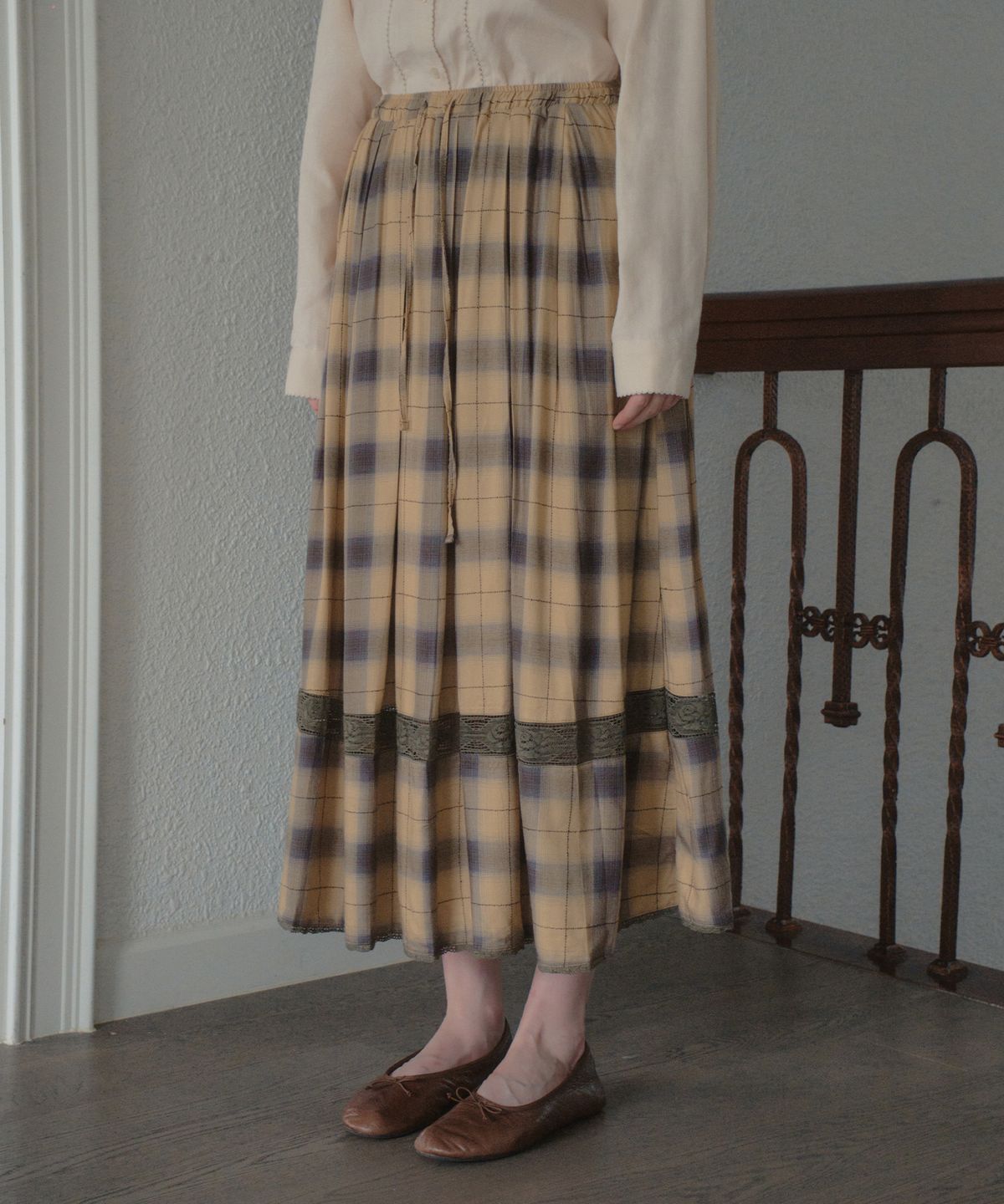 아우어노스텔지아(OURNOSTALGIA) Bonnie Check Pleated Skirt_Orange(OB6SK17)