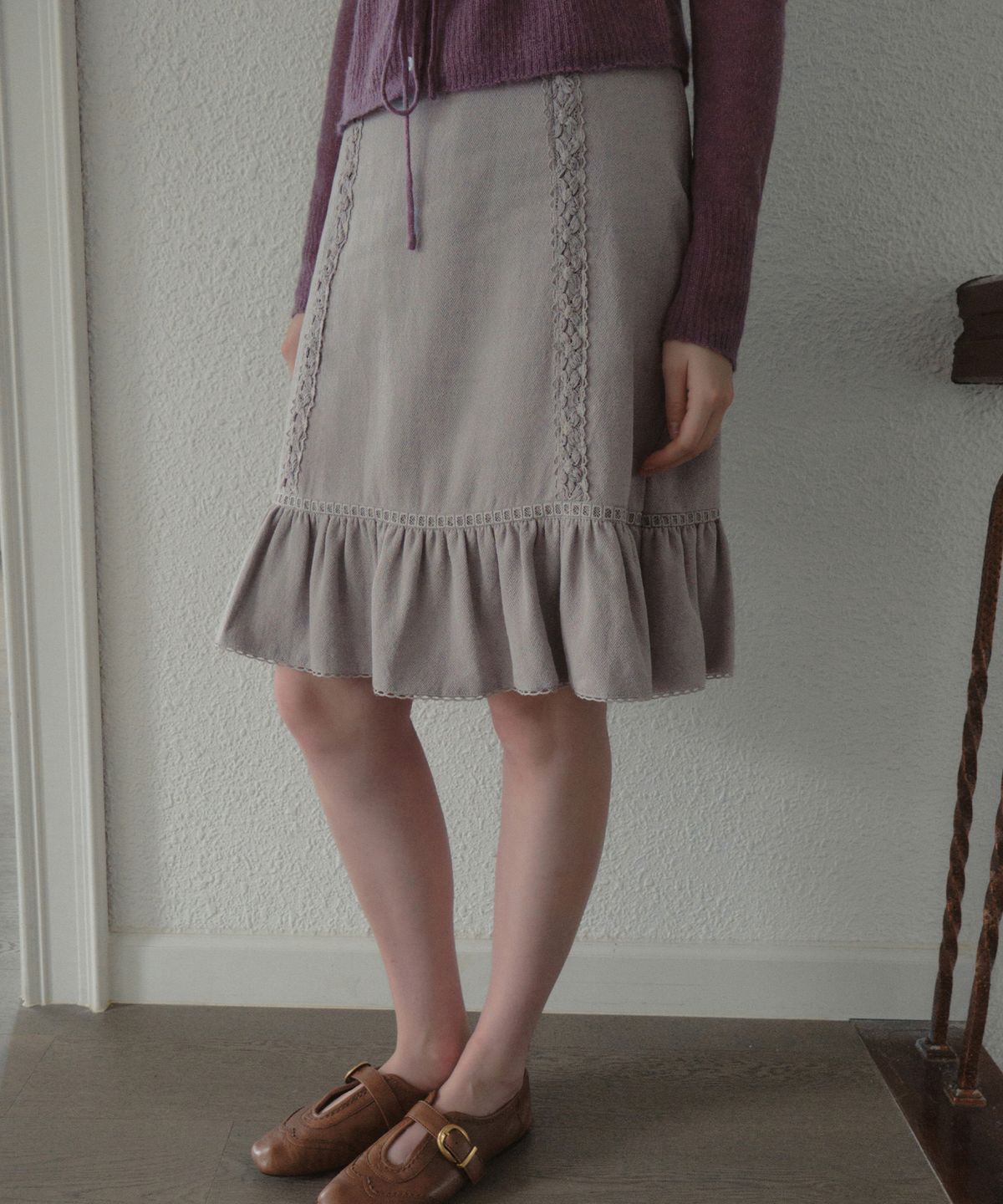 아우어노스텔지아(OURNOSTALGIA) Cottage Lace Midi Skirt_Lavender Gray(OB6SK20)
