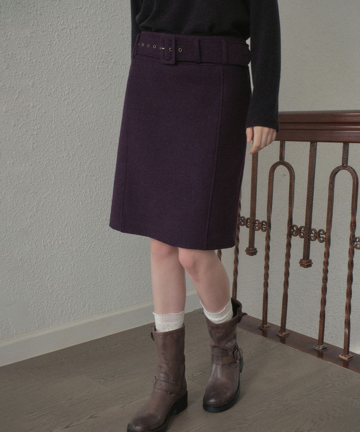 아우어노스텔지아(OURNOSTALGIA) Wool Belted Midi Skirt_Purple(OB6SK18)