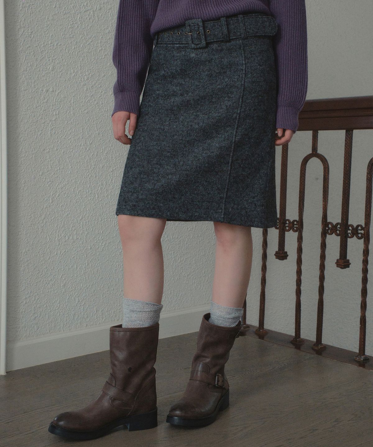 아우어노스텔지아(OURNOSTALGIA) Wool Belted Midi Skirt_Charcoal(OB6SK18)