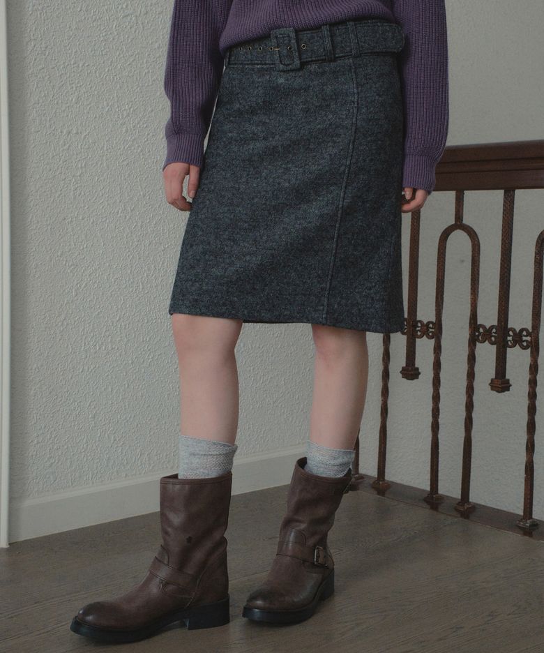 Wool Belted Midi Skirt_Charcoal(OB6SK18)