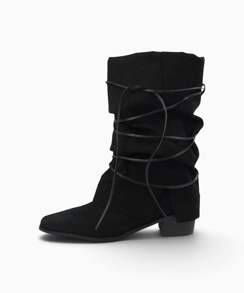 STRAP LINEN WARMER BOOTS BLACK