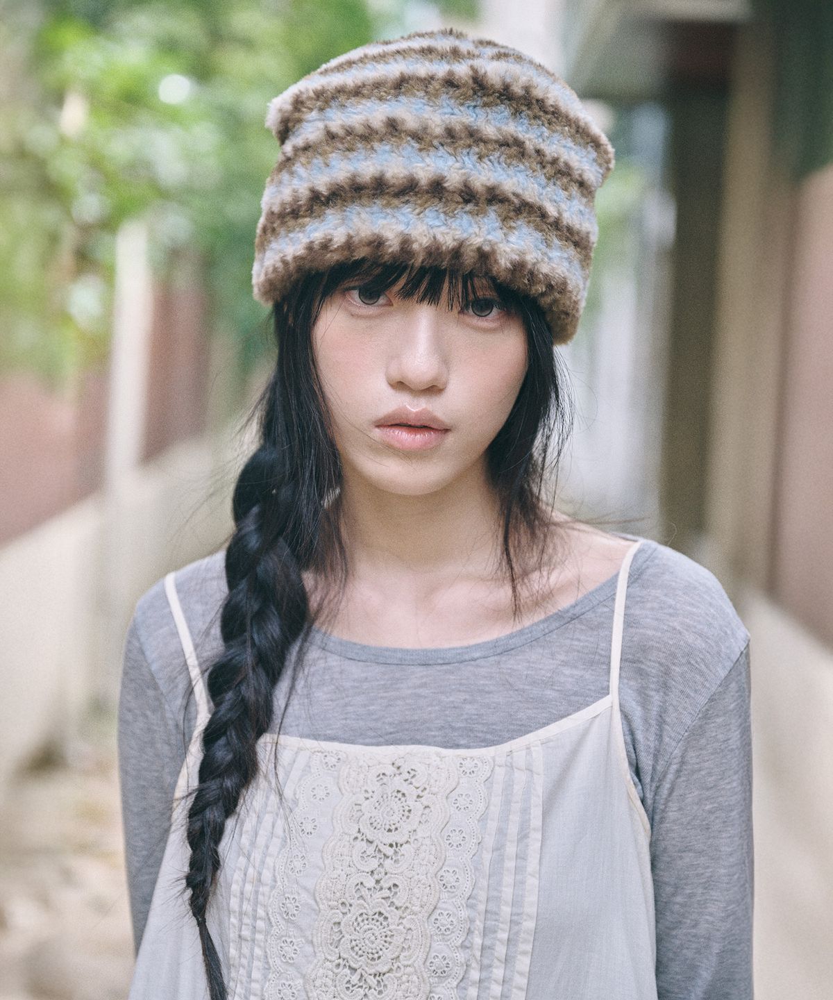 키이비(KIIBI) stripe fur beanie blue